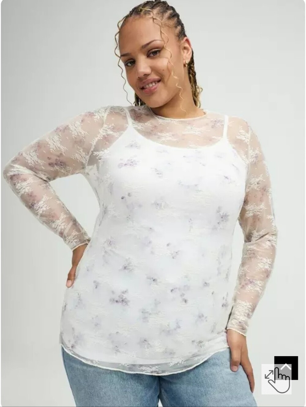 White & Purple Floral Mesh Long-Sleeve Top